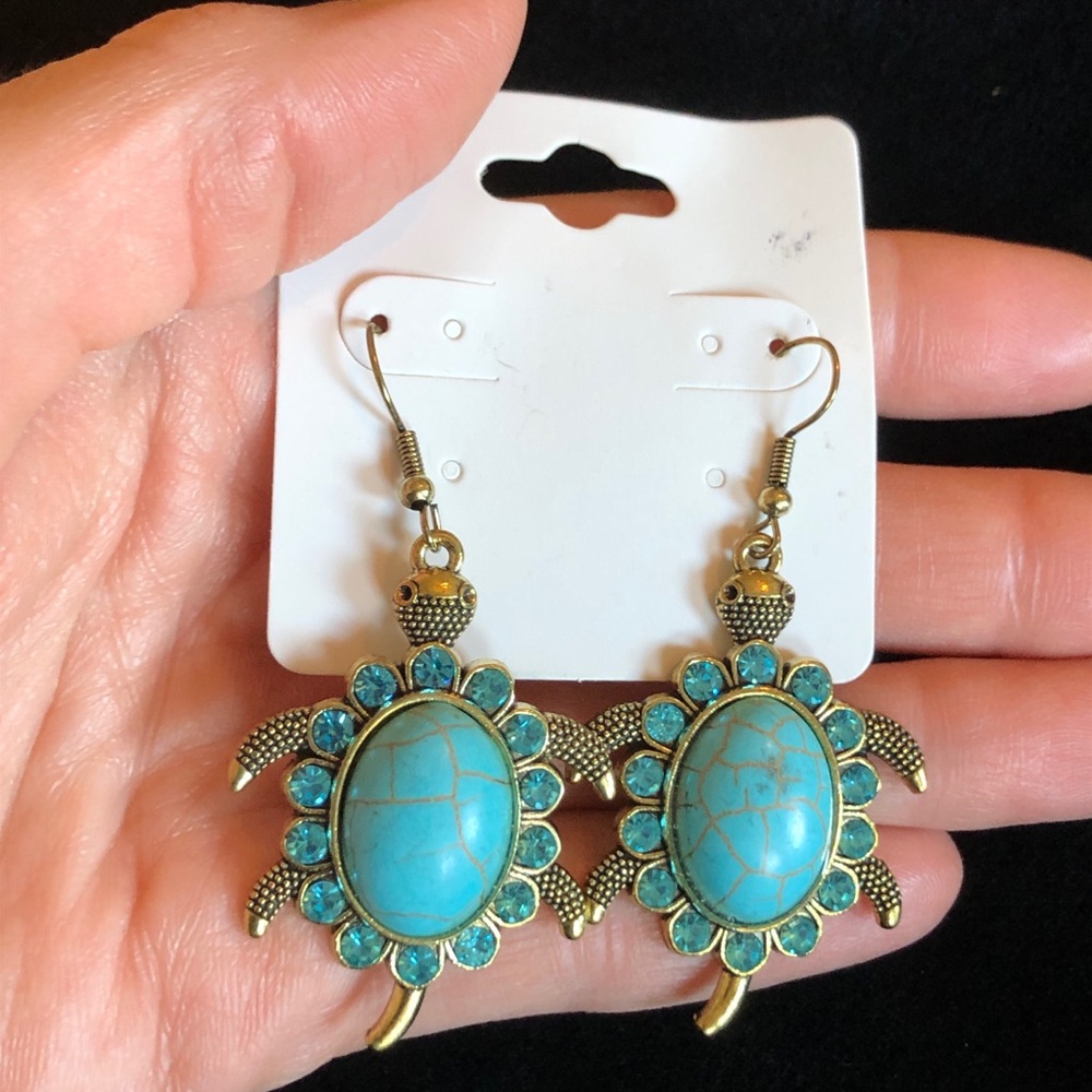 Faux Turquoise Blue and Slight Bronze Tone Turtle Earrings